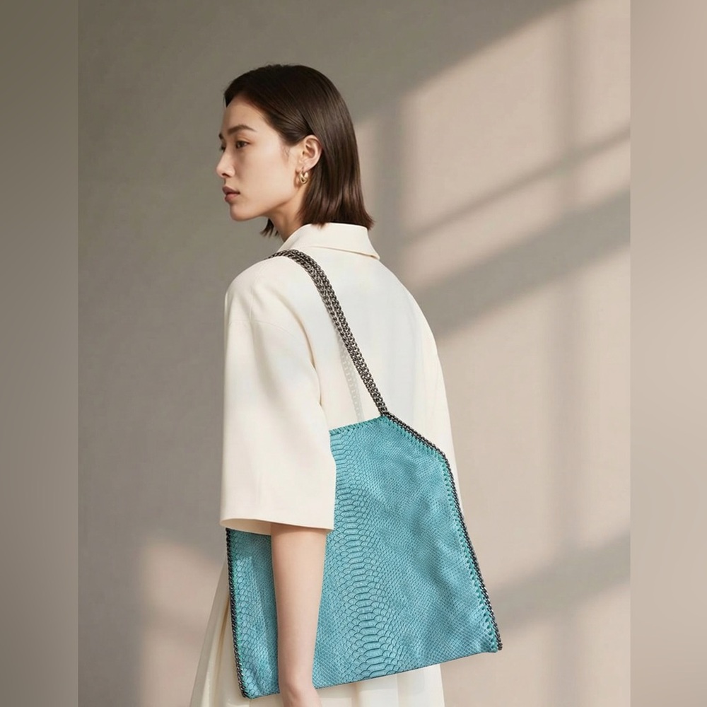 Python-Textured Leather Chain Shoulder Bag , High… - image 1